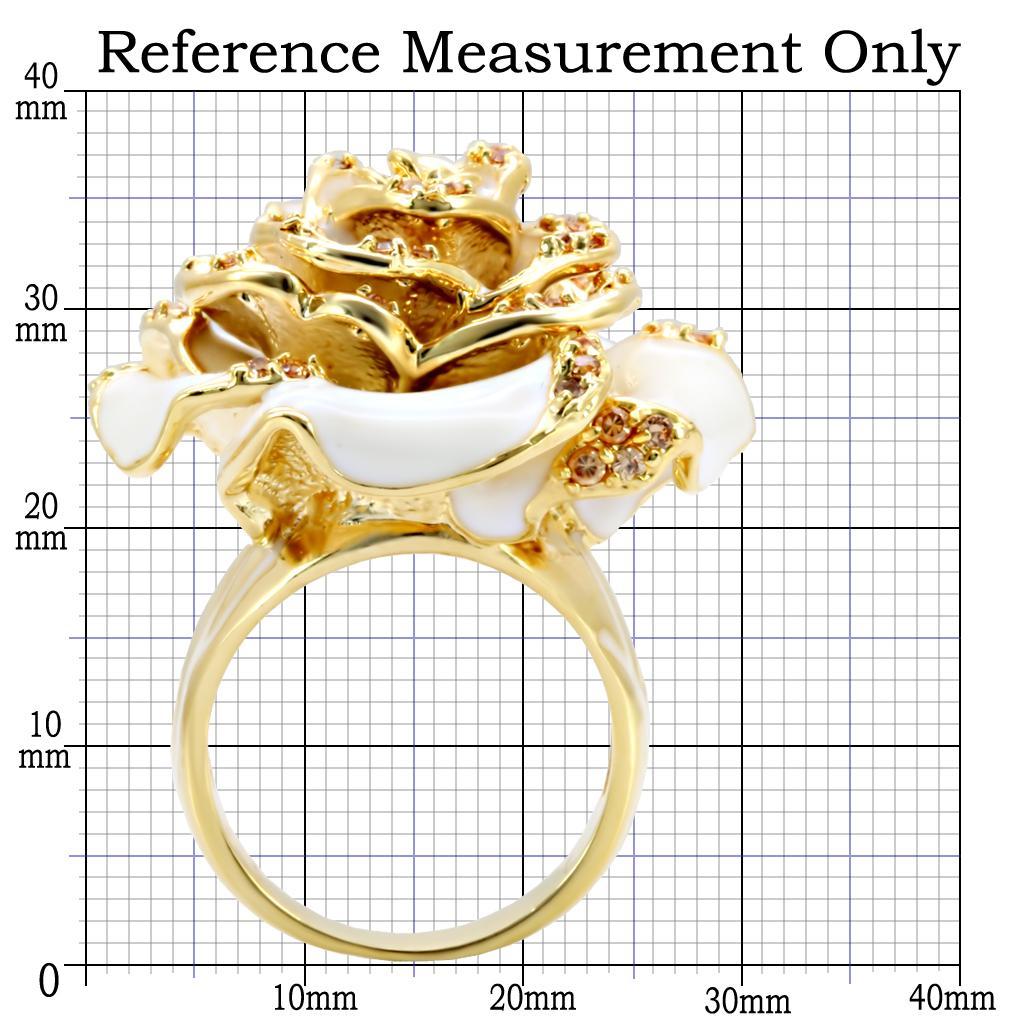 Gold Rose Statement Ring with Champagne CZ – White Enamel Flower