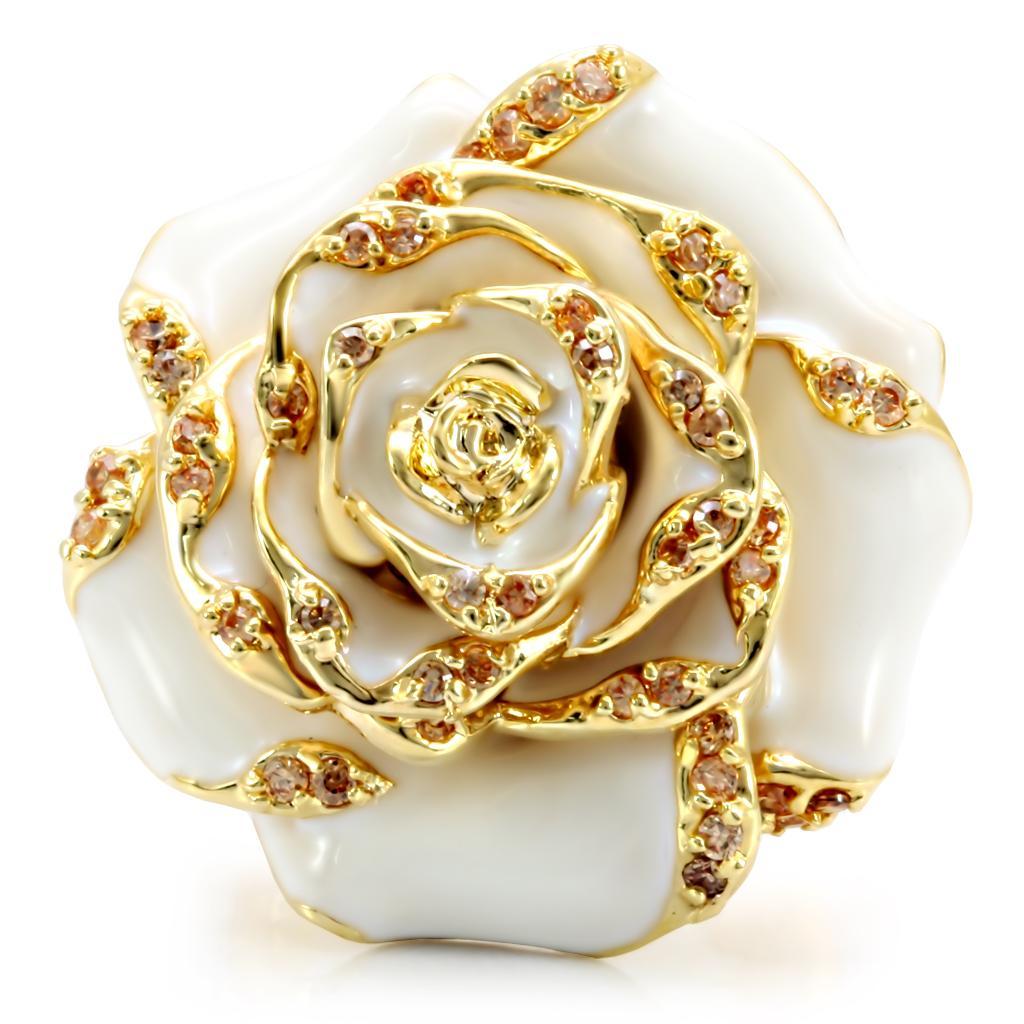Gold Rose Statement Ring with Champagne CZ – White Enamel Flower