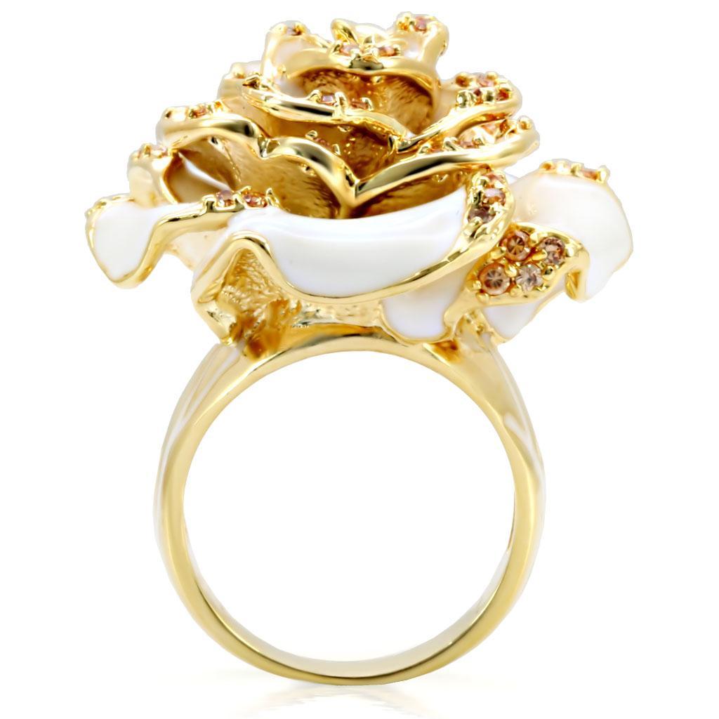 Gold Rose Statement Ring with Champagne CZ – White Enamel Flower