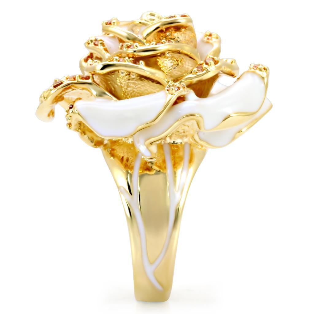 Gold Rose Statement Ring with Champagne CZ – White Enamel Flower