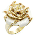Gold Rose Statement Ring with Champagne CZ – White Enamel Flower