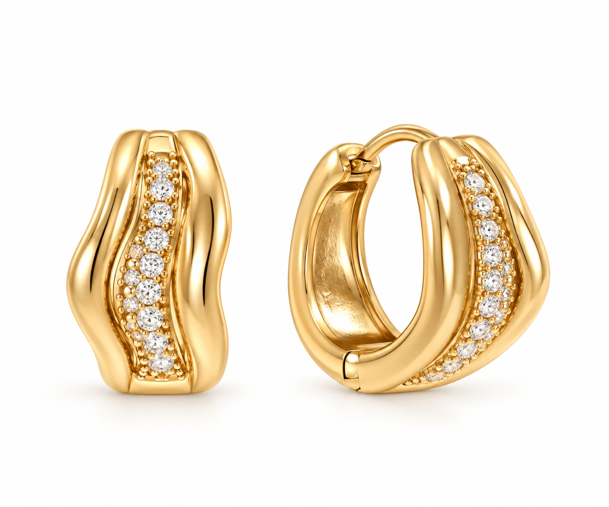 Pavé Wave Hoop Earrings – Gold