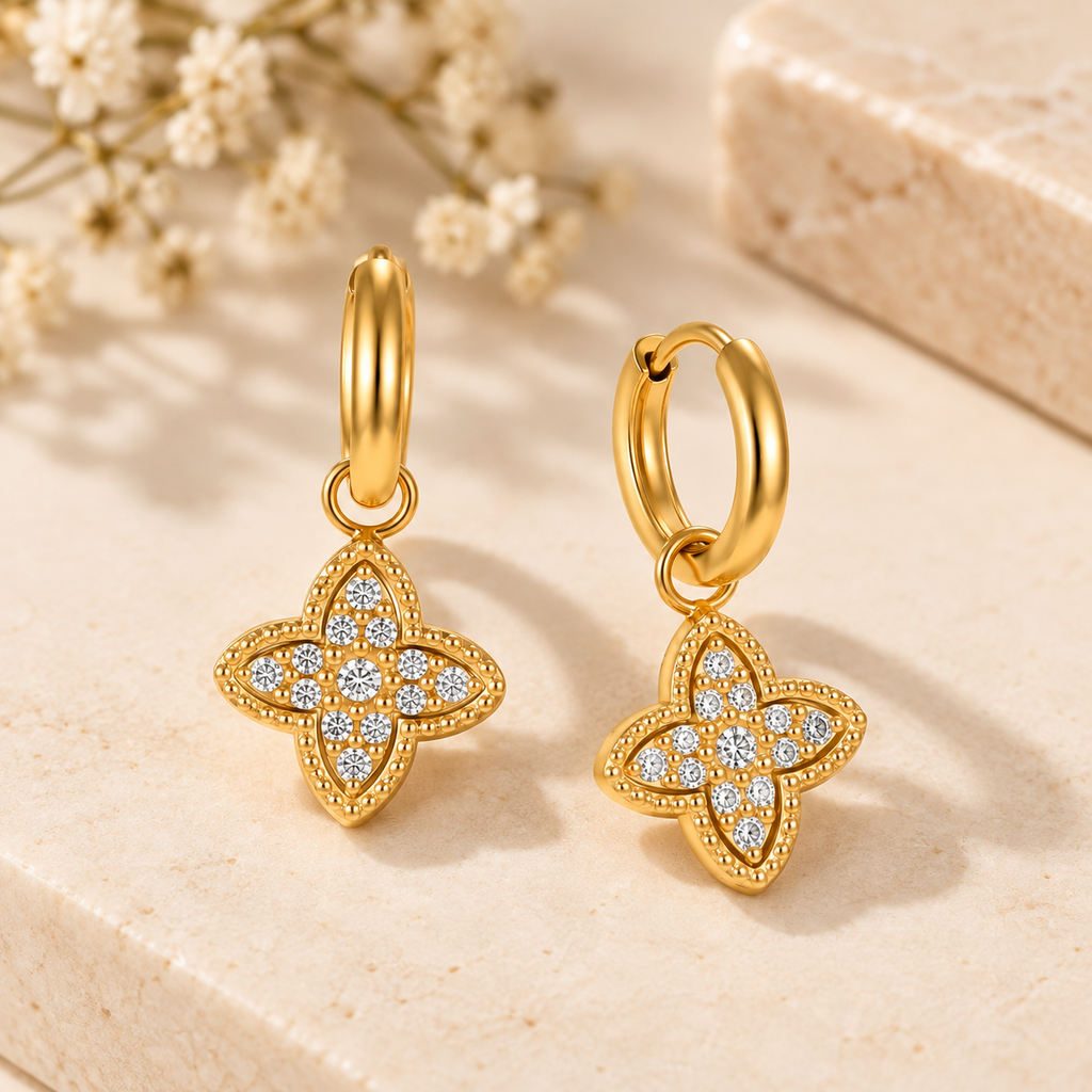 Pavé Clover Drop Hoop Earrings – Gold
