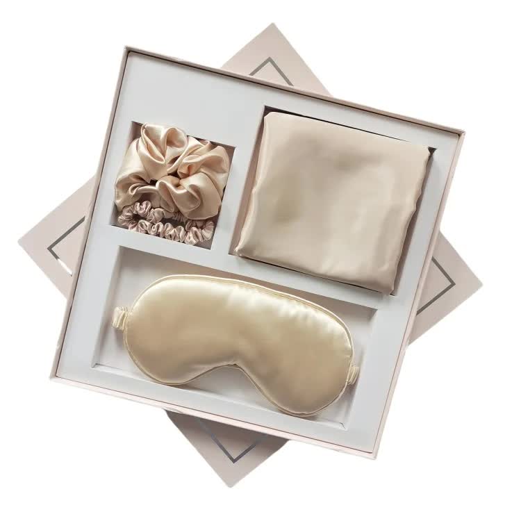 NNEDSZ Light Gold Luxury Faux Silk Sleep Gift Set - 4-Piece Eye Mask, Pillowcase & Scrunchies for Relaxation & Comfort