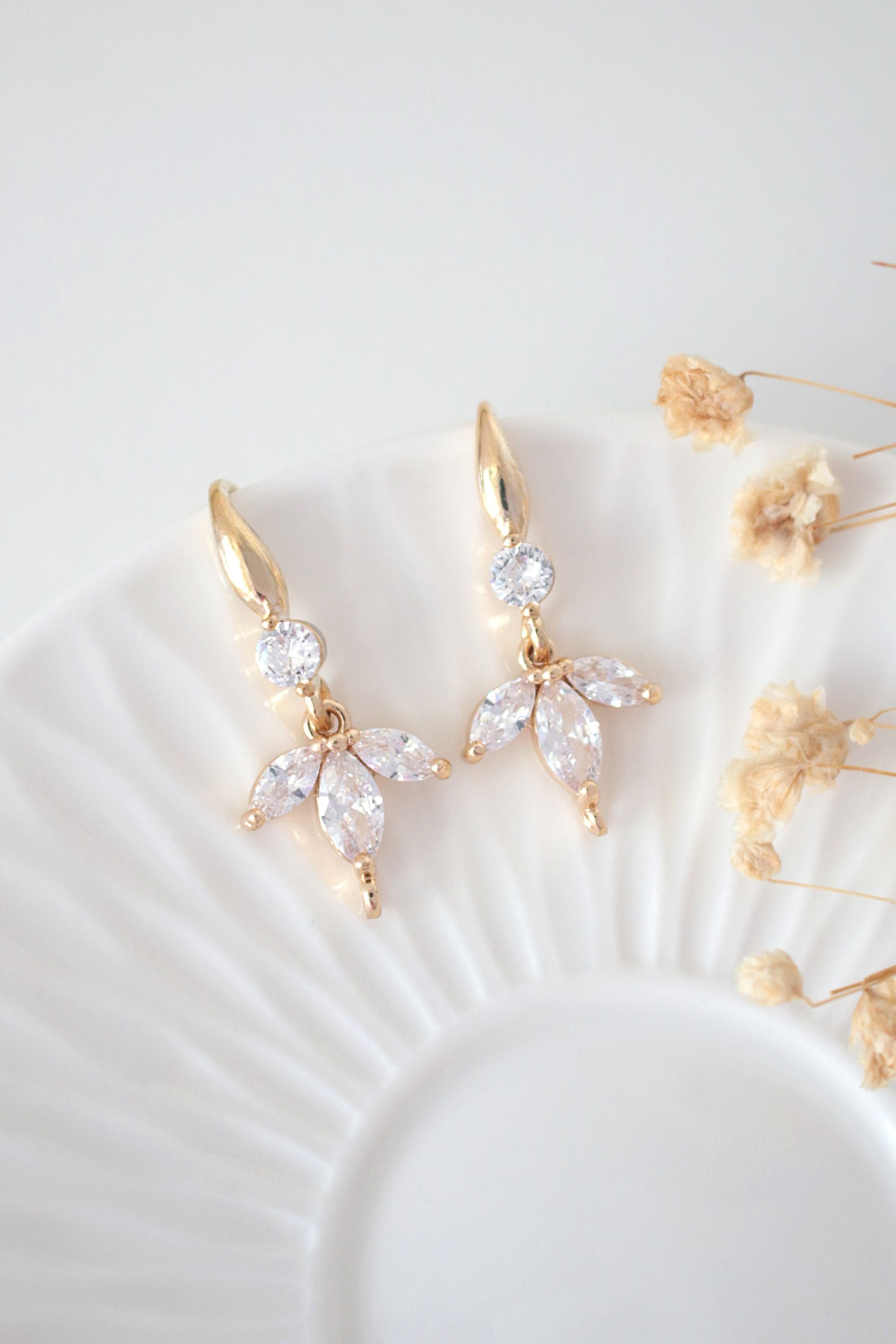 Gold Flower Petal Hook Earrings with Cubic Zirconia – Bloom Design