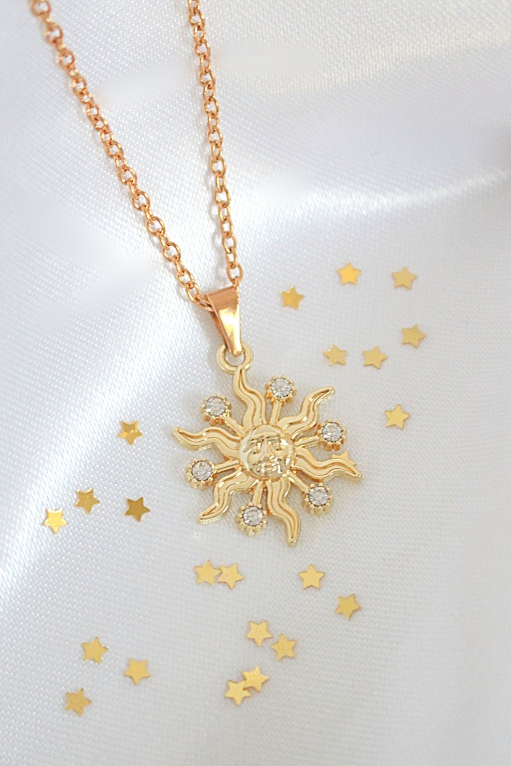 Gold Sun Pendant Necklace with Cubic Zirconia – Celestial Design