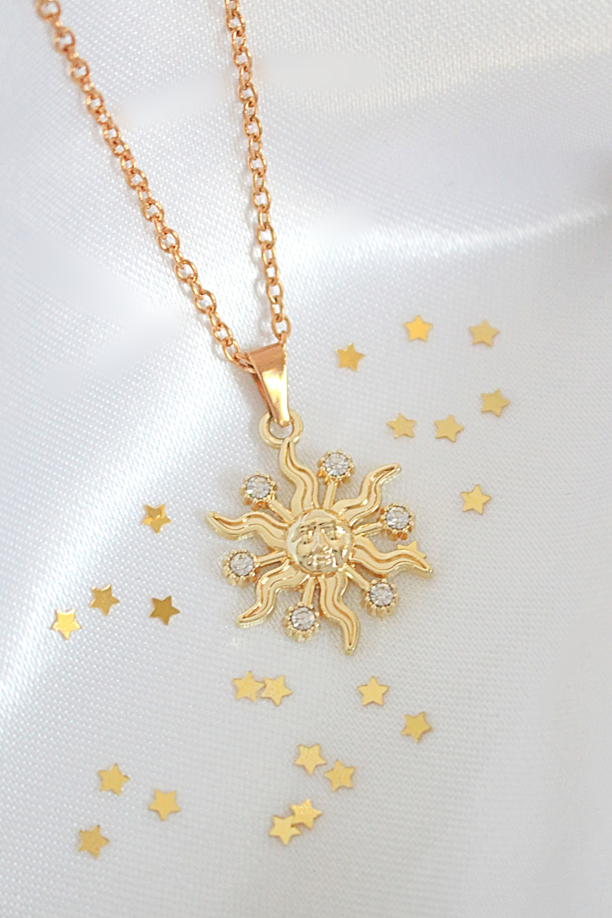 Gold Sun Pendant Necklace with Cubic Zirconia – Celestial Design