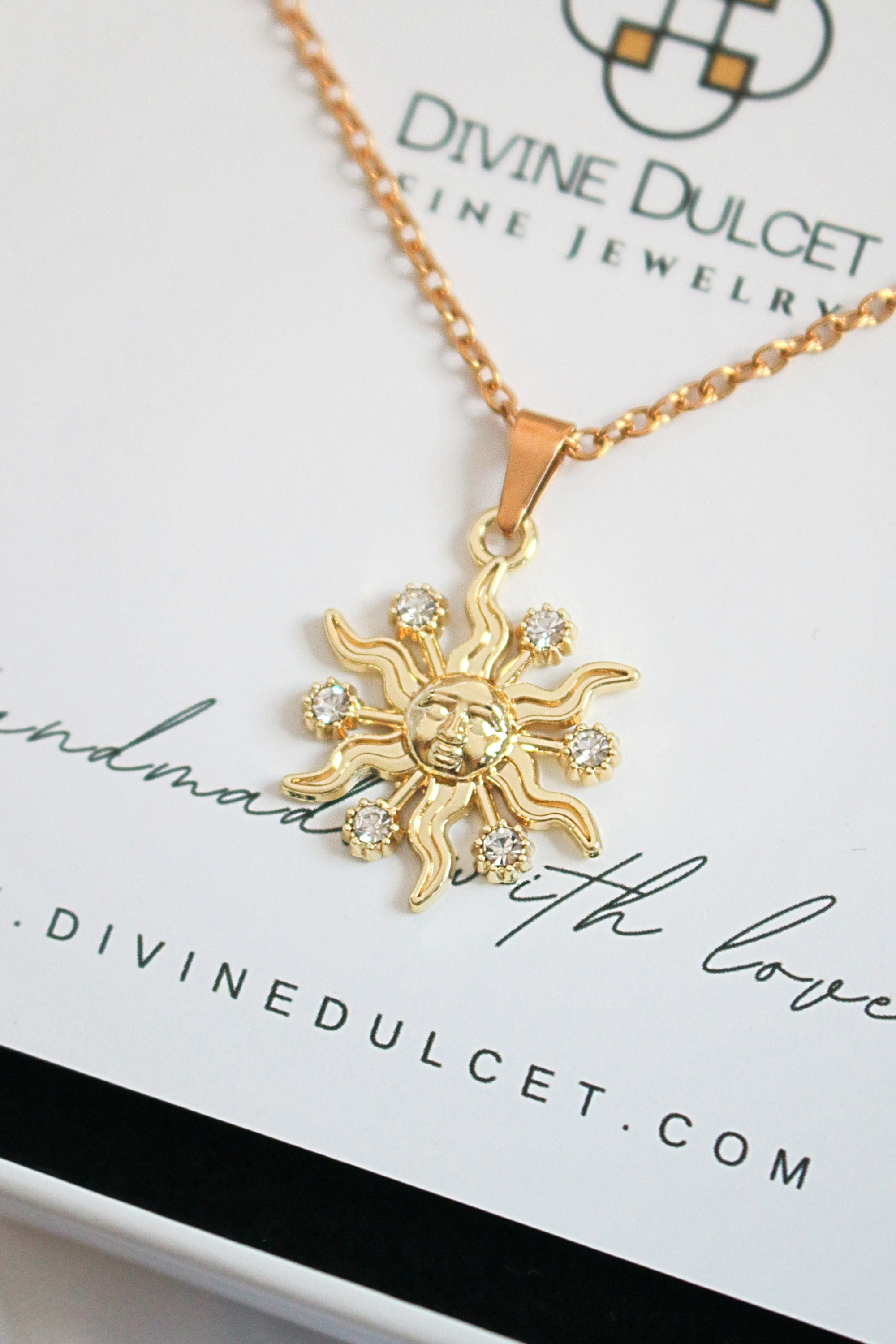 Gold Sun Pendant Necklace with Cubic Zirconia – Celestial Design