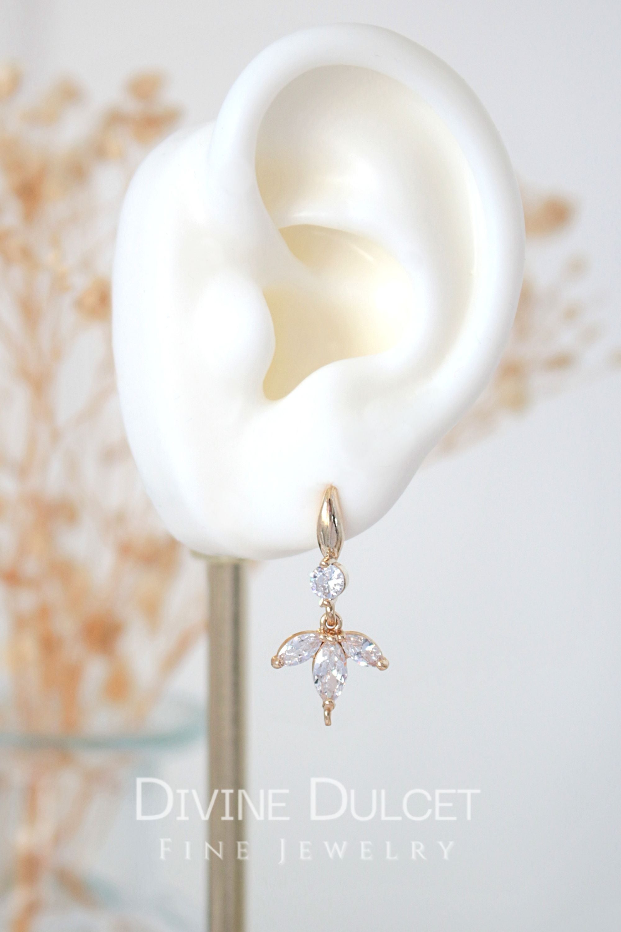 Gold Flower Petal Hook Earrings with Cubic Zirconia – Bloom Design