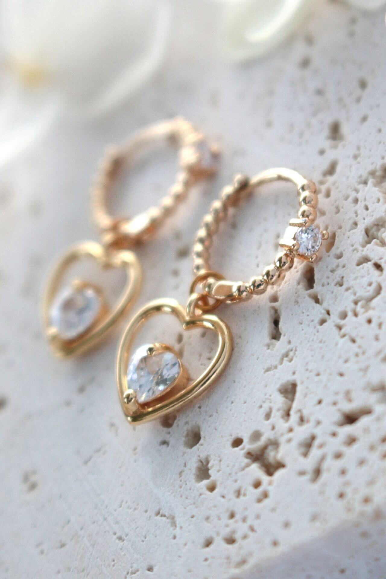 Gold Heart Hoop Earrings with Cubic Zirconia – Dainty Charm Hoops