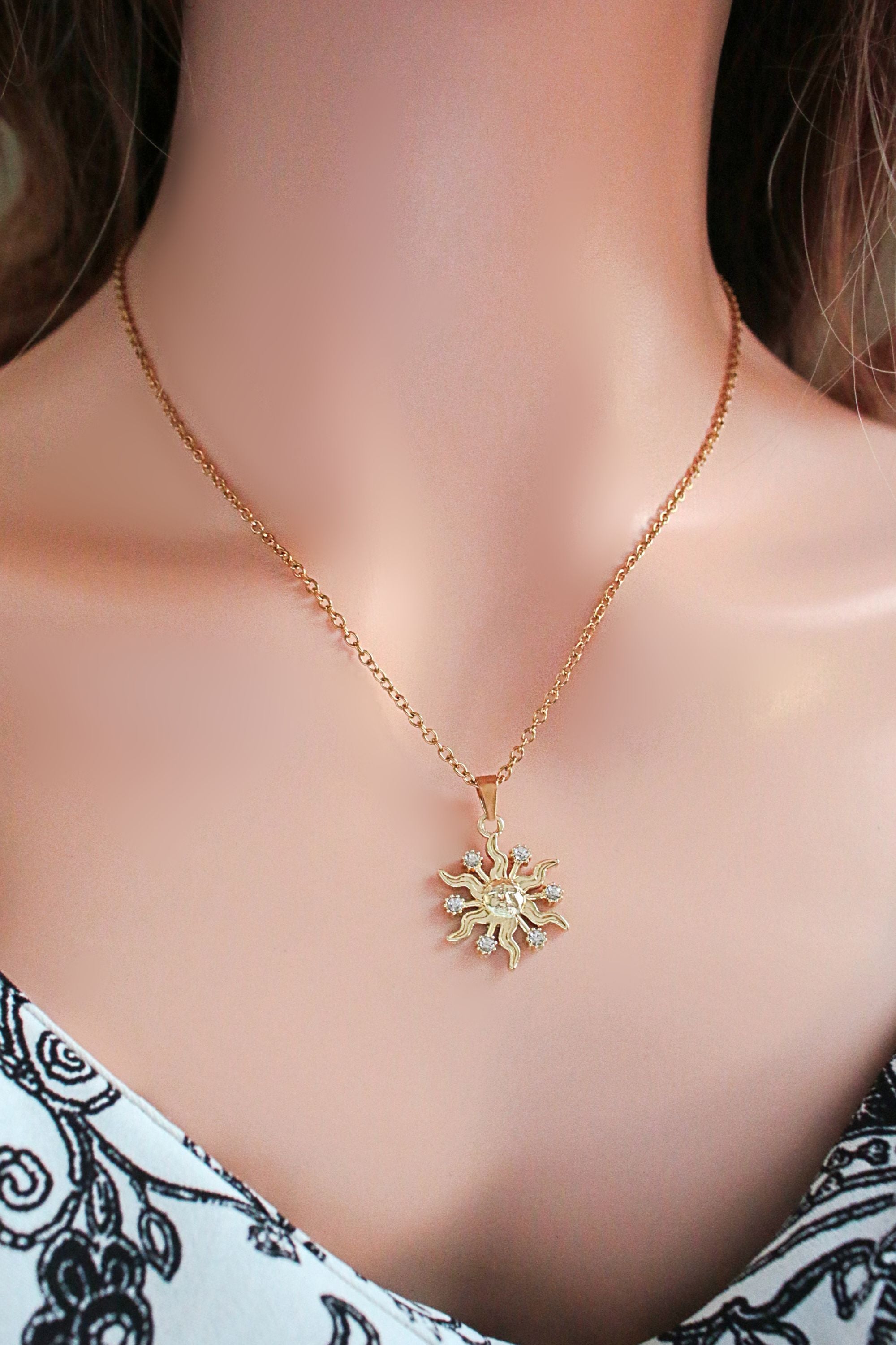 Gold Sun Pendant Necklace with Cubic Zirconia – Celestial Design