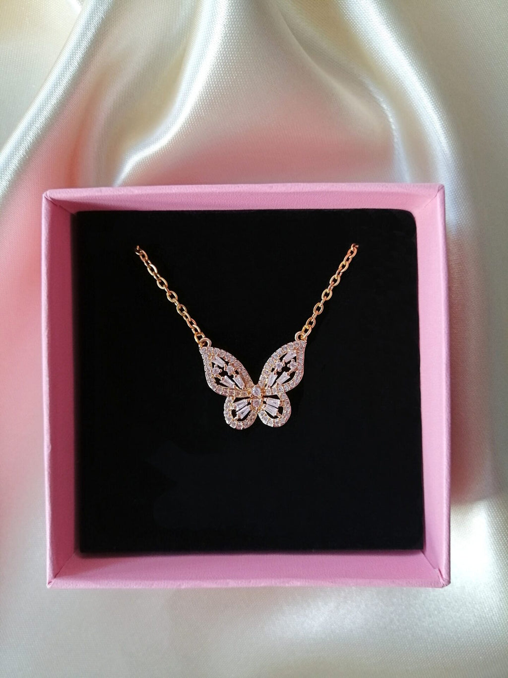 Gold Butterfly Pendant Necklace with Cubic Zirconia – Sparkling Design
