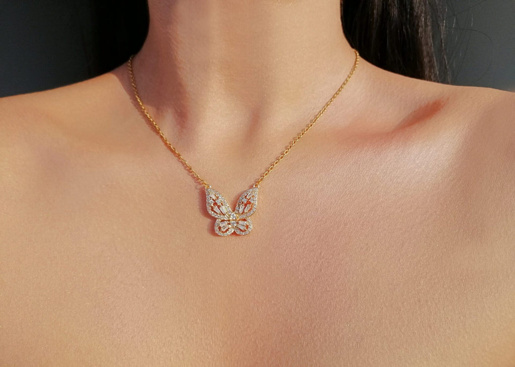 Gold Butterfly Pendant Necklace with Cubic Zirconia – Sparkling Design
