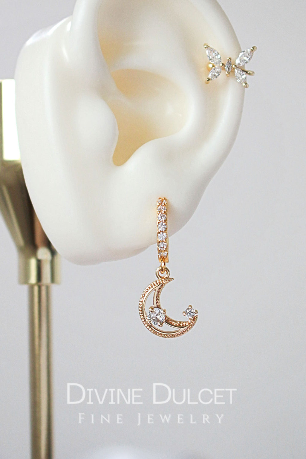 Gold Cubic Zirconia Moon Hoop Earrings – Crescent Moon Design
