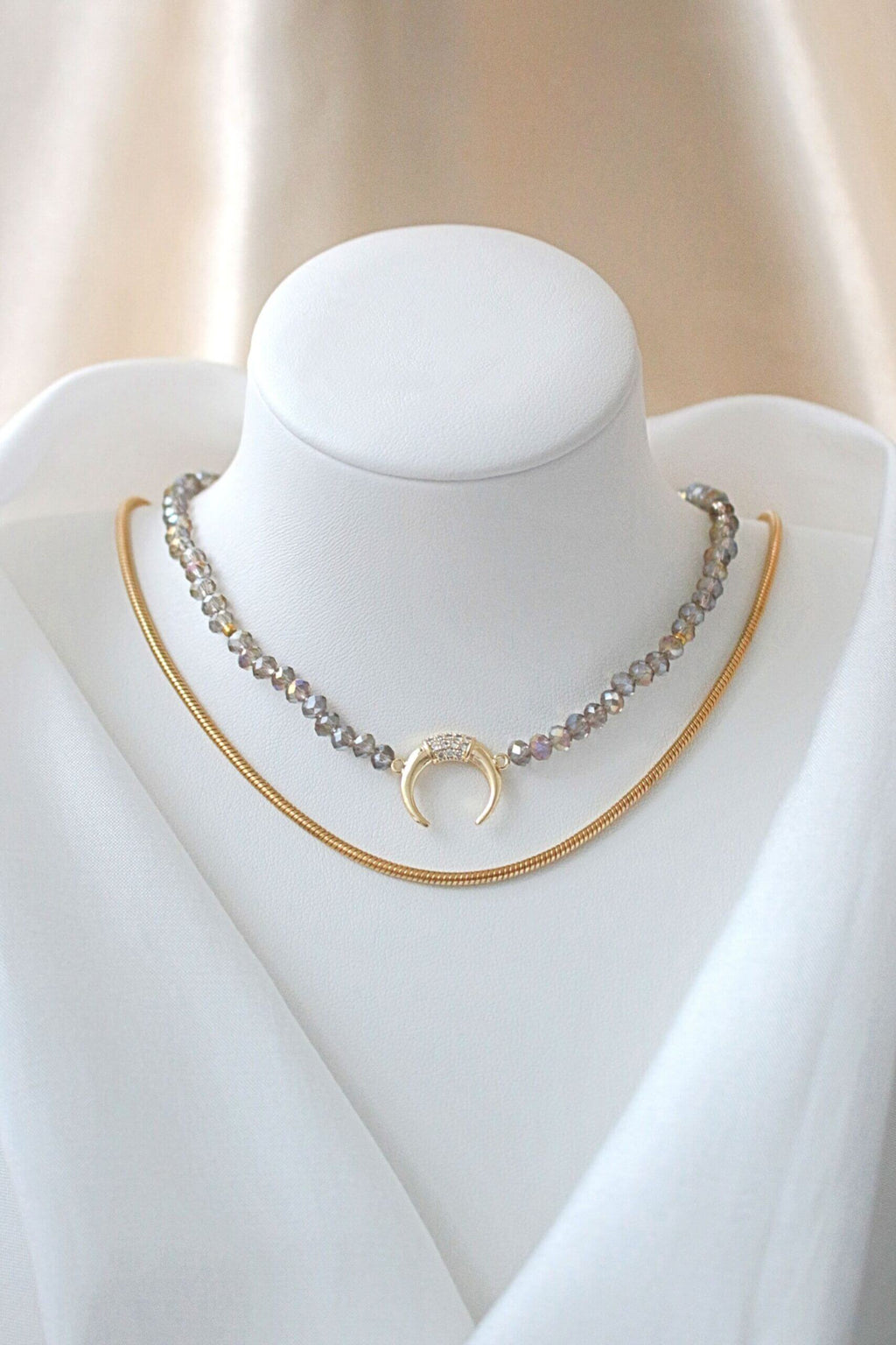 Light Blue Crystal Choker with Gold Crescent Moon – Austrian Crystals