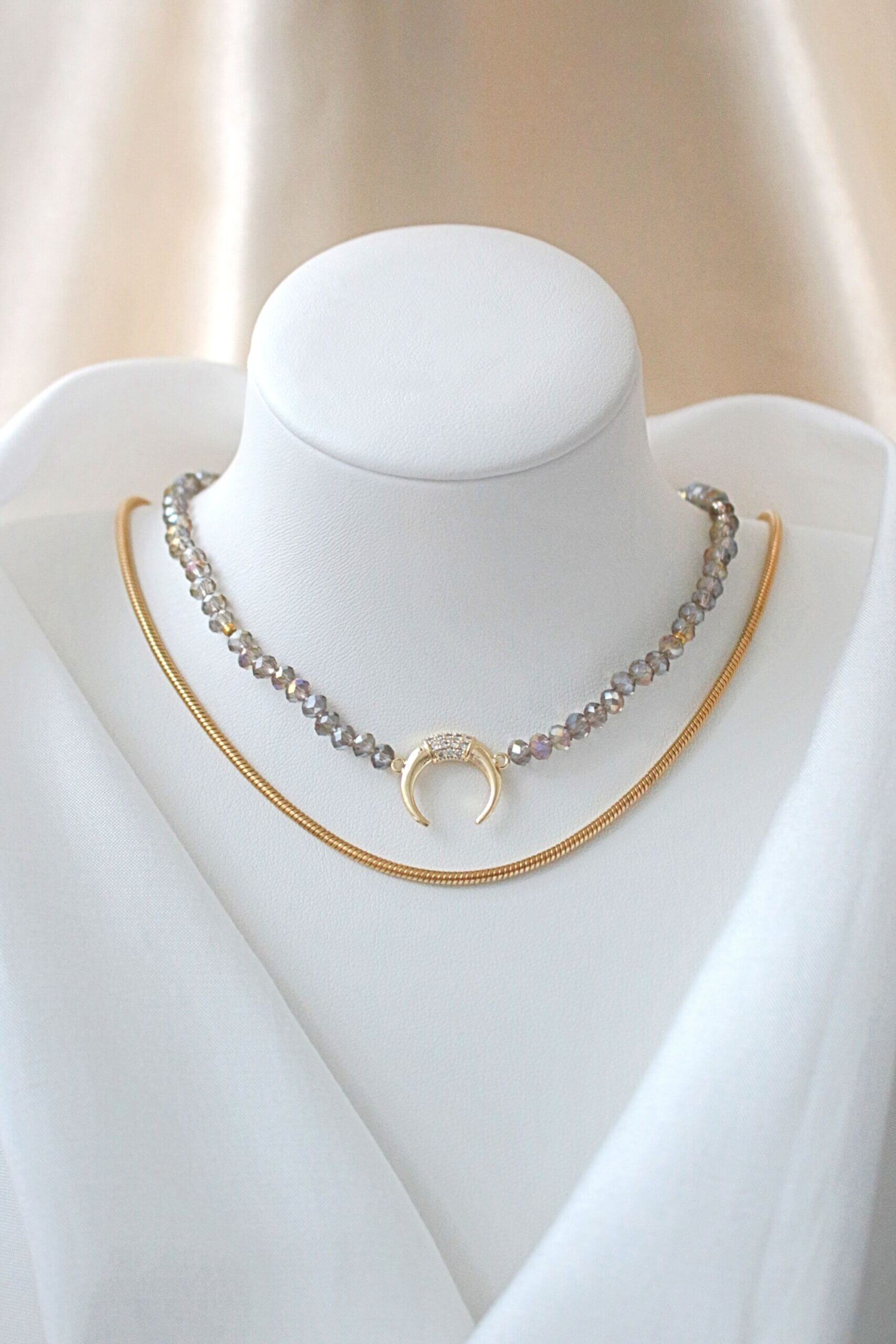 Light Blue Crystal Choker with Gold Crescent Moon – Austrian Crystals
