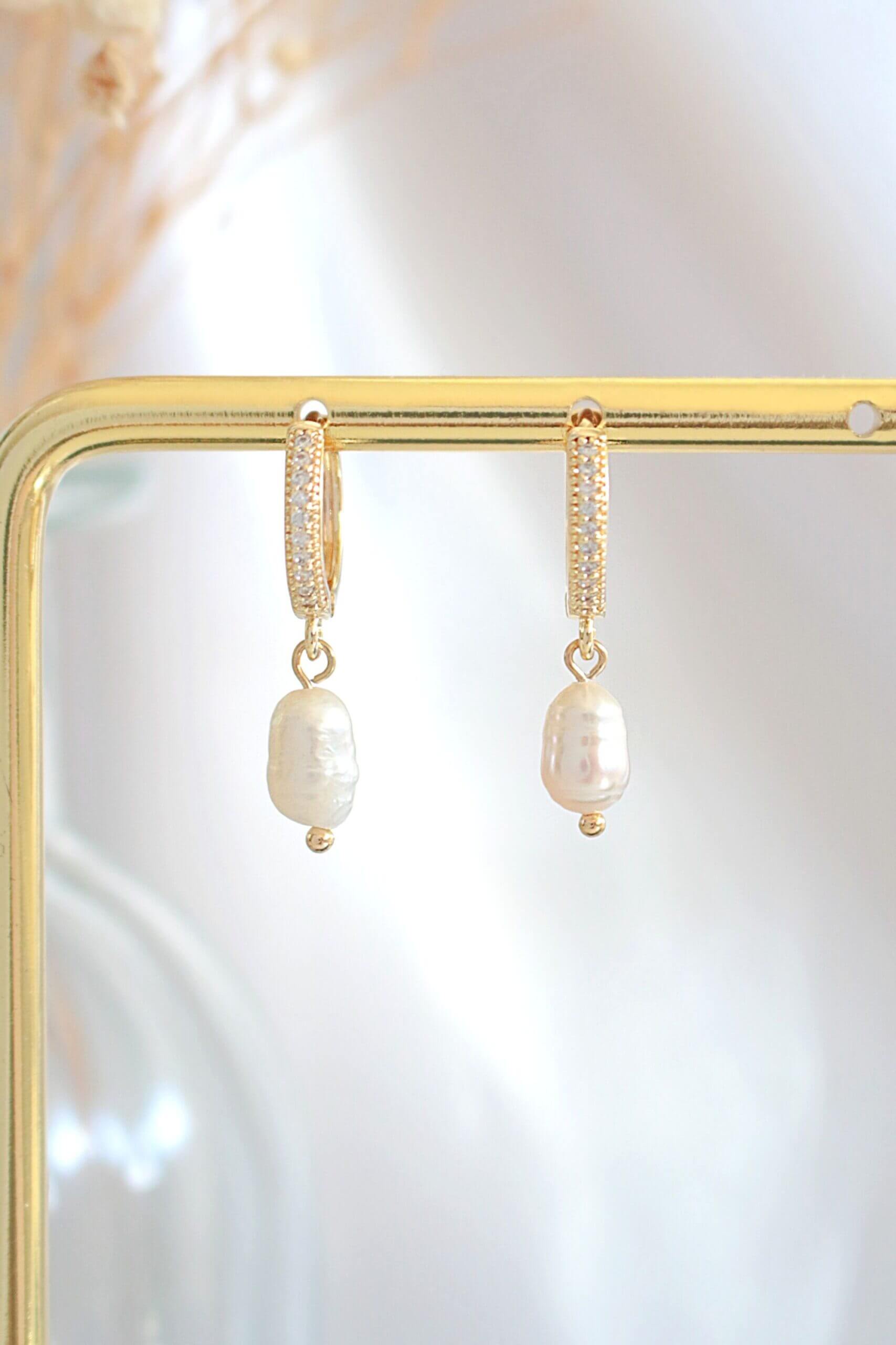Elegant Freshwater Pearl Mini Dangle Hoops – Gold