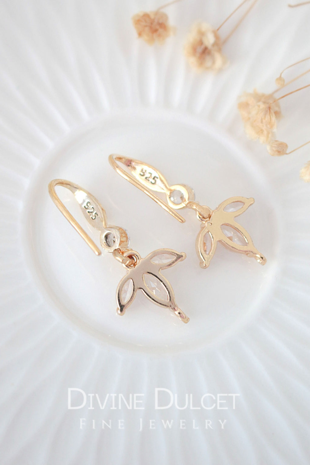 Gold Flower Petal Hook Earrings with Cubic Zirconia – Bloom Design