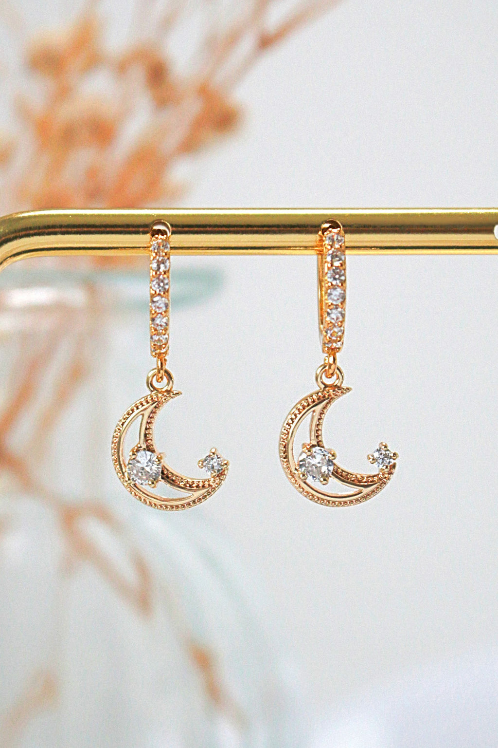 Gold Cubic Zirconia Moon Hoop Earrings – Crescent Moon Design