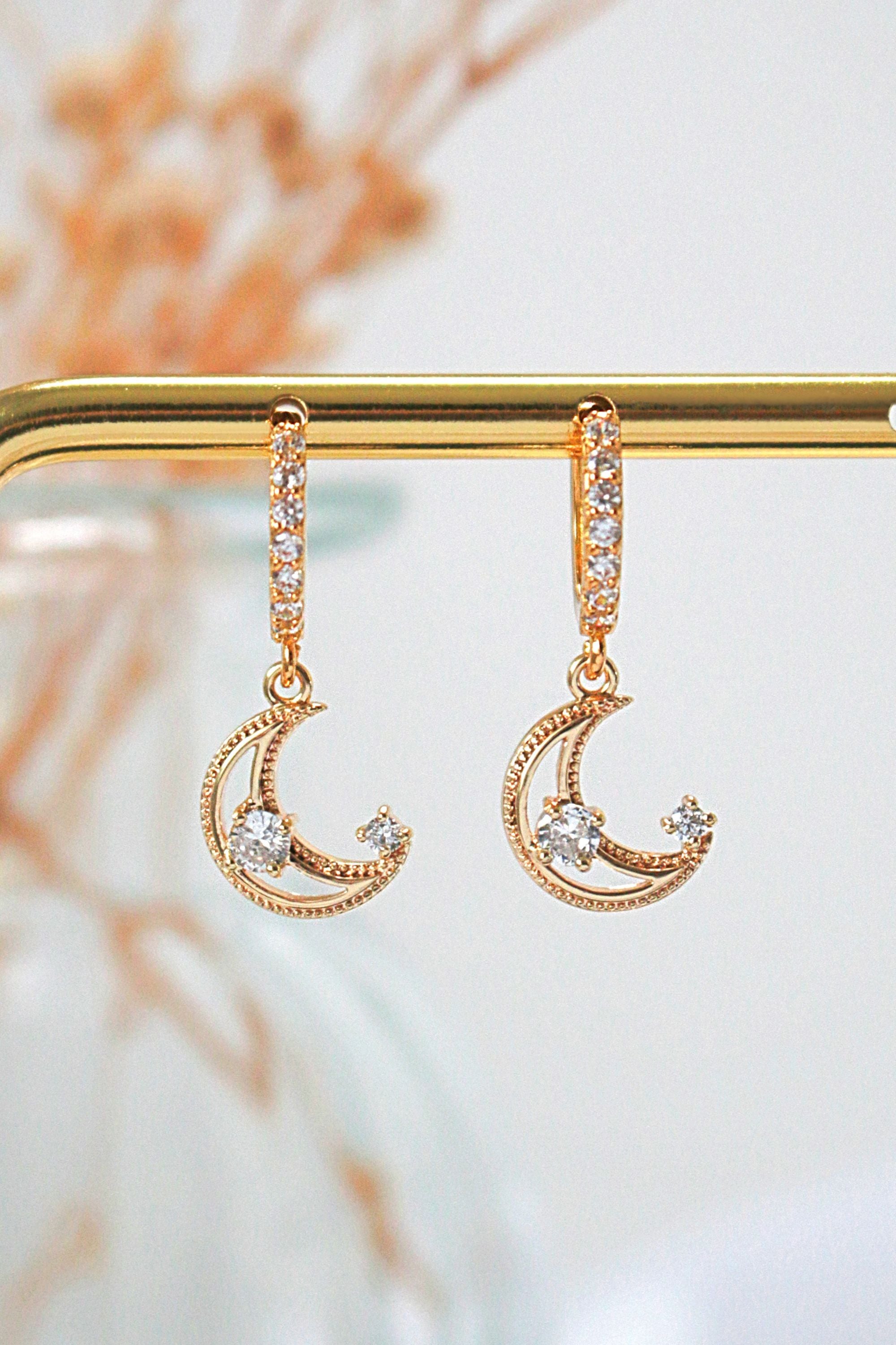 Gold Cubic Zirconia Moon Hoop Earrings – Crescent Moon Design