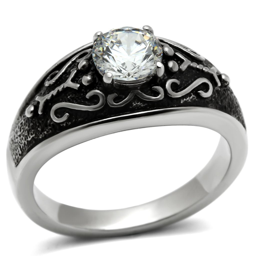 Stainless Steel Statement Ring with Clear CZ – Ornate Design