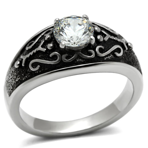 Stainless Steel Statement Ring with Clear CZ – Ornate Design